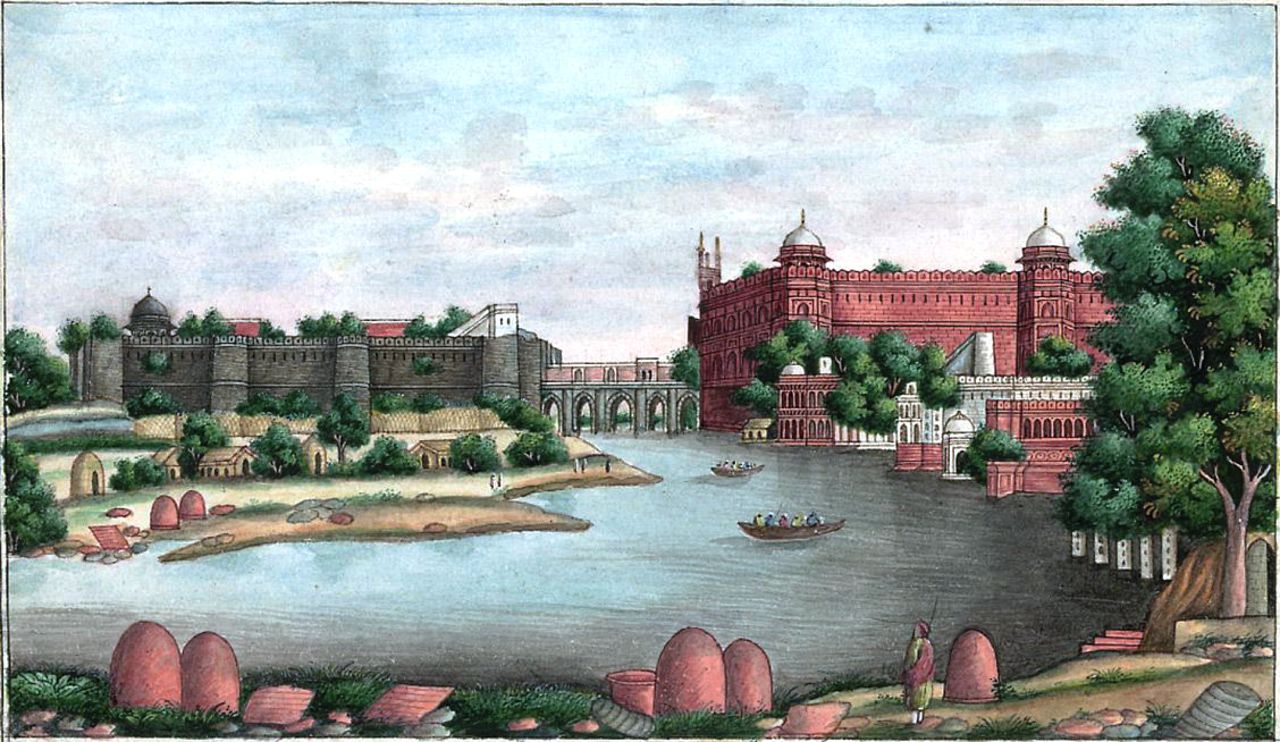 The Yamuna flowing below the Red Fort and Salimgarh, painted in 1843