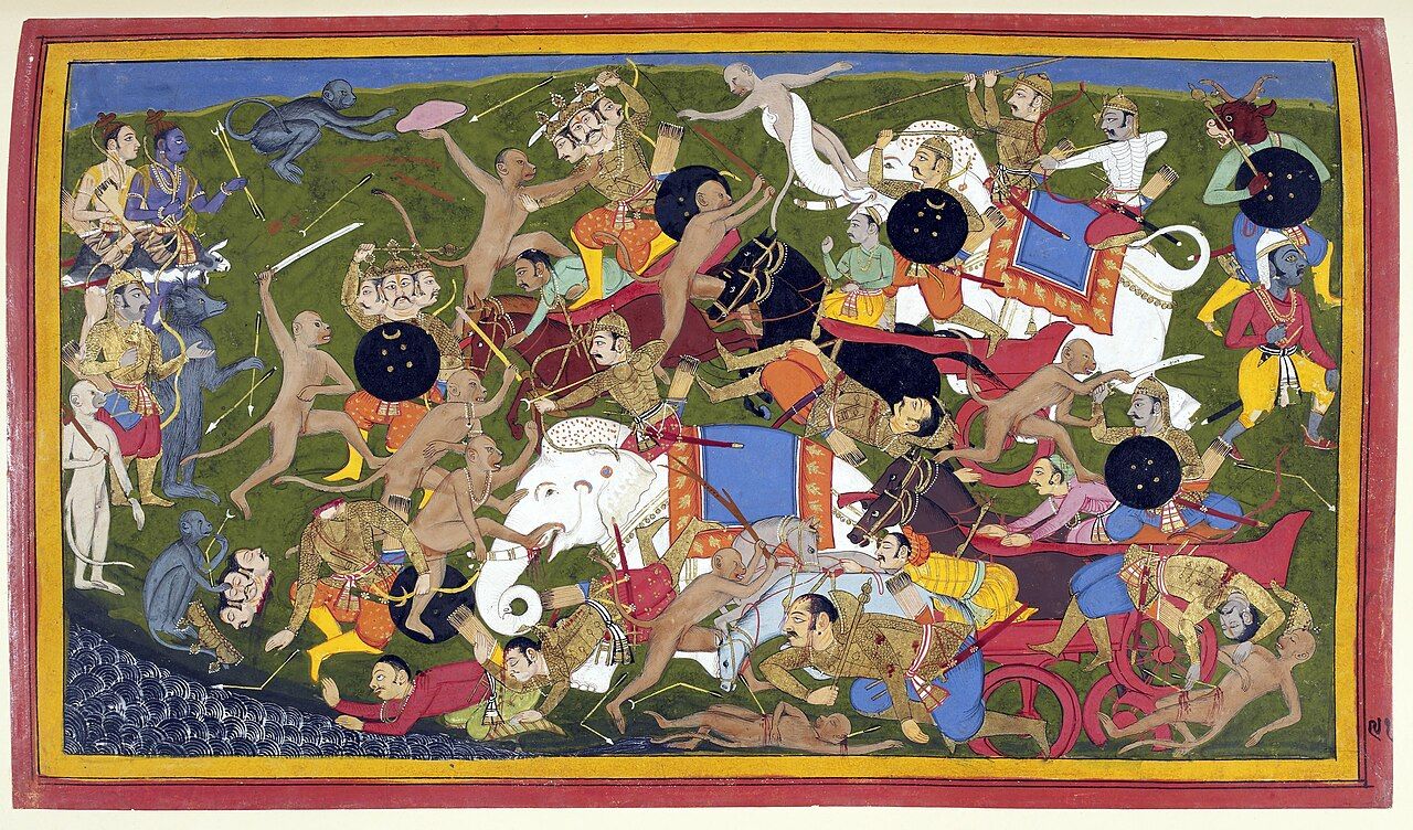 The battle at Lanka, Ramayana painting by Sahibdin, Udaipur, 1649–53
